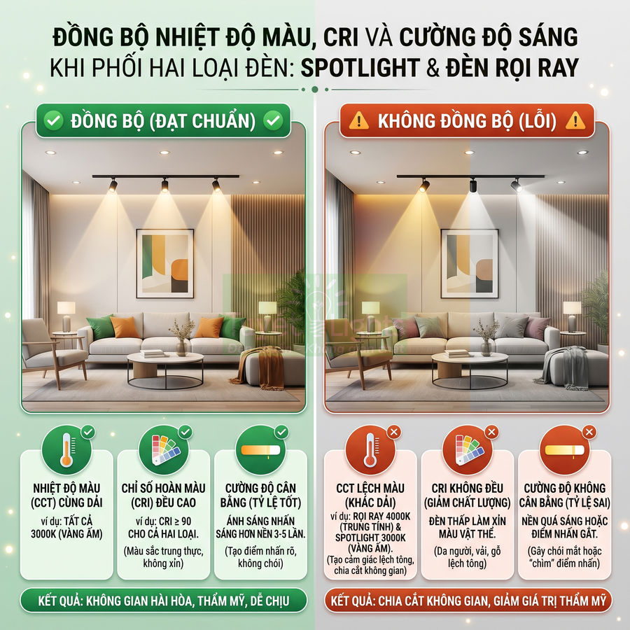 So sánh phòng khách dùng đèn spotlight và đèn rọi ray đồng bộ và không đồng bộ nhiệt độ màu, CRI, cường độ sáng