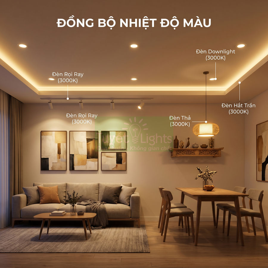 Phòng khách và bàn ăn sử dụng hệ thống đèn rọi ray, đèn downlight, đèn thả và đèn hắt trần ánh sáng vàng 3000K