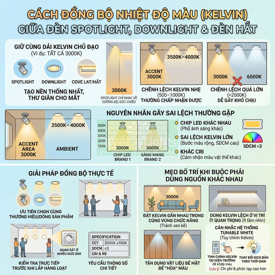 Infographic hướng dẫn đồng bộ nhiệt độ màu Kelvin giữa đèn spotlight, downlight và đèn hắt trong nội thất