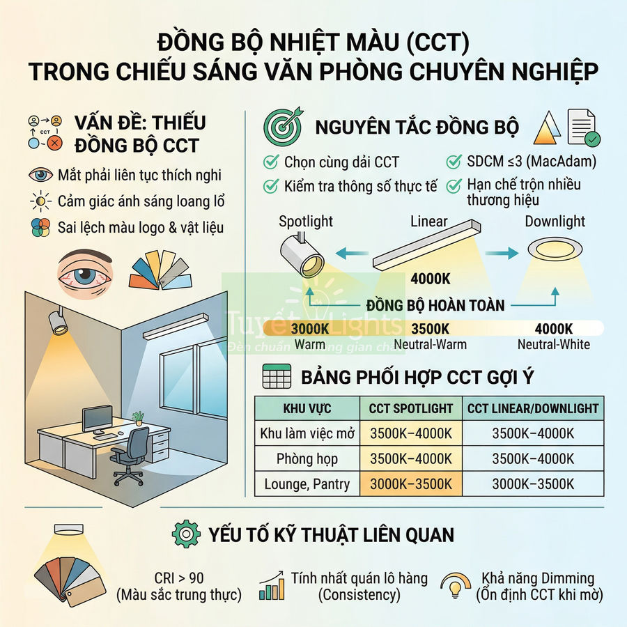 Infographic hướng dẫn đồng bộ nhiệt màu CCT cho đèn văn phòng chuyên nghiệp, spotlight, linear và downlight