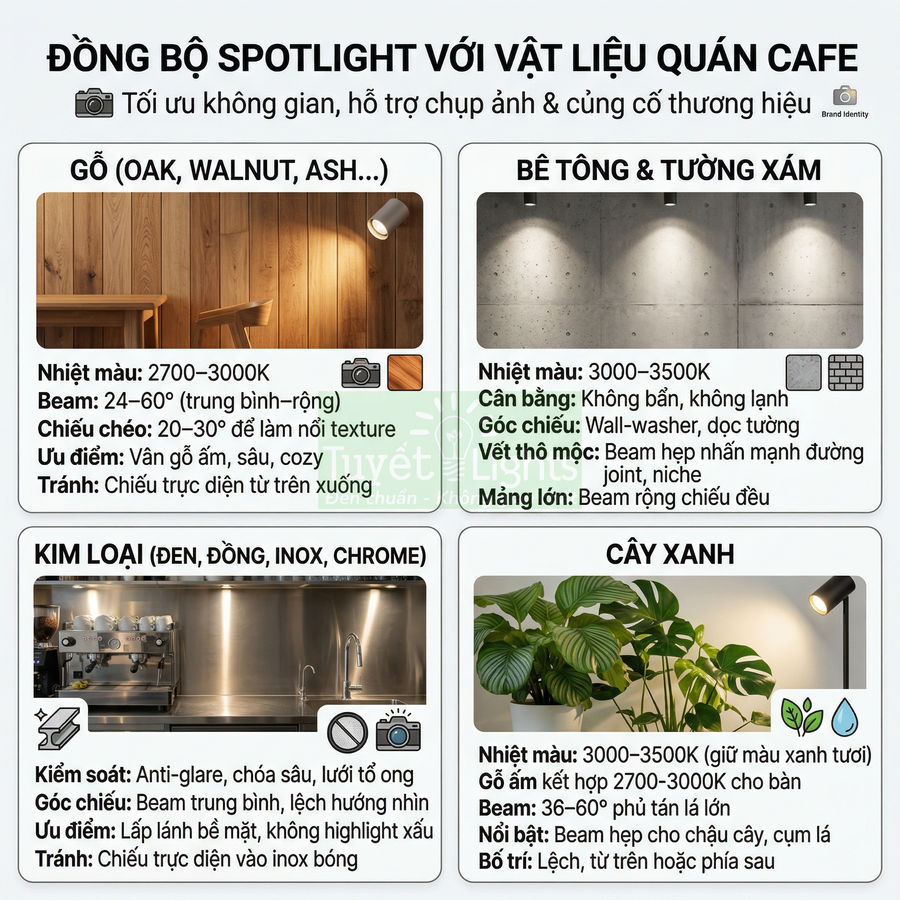 Hướng dẫn chọn đèn spotlight cho quán cafe theo vật liệu gỗ, bê tông, kim loại và cây xanh