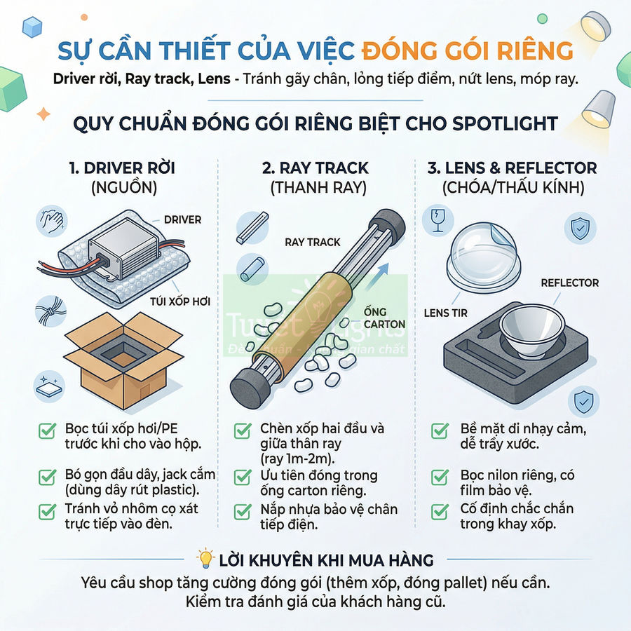 Hướng dẫn đóng gói riêng driver rời, thanh ray track và lens đèn spotlight với túi xốp và khay xốp bảo vệ