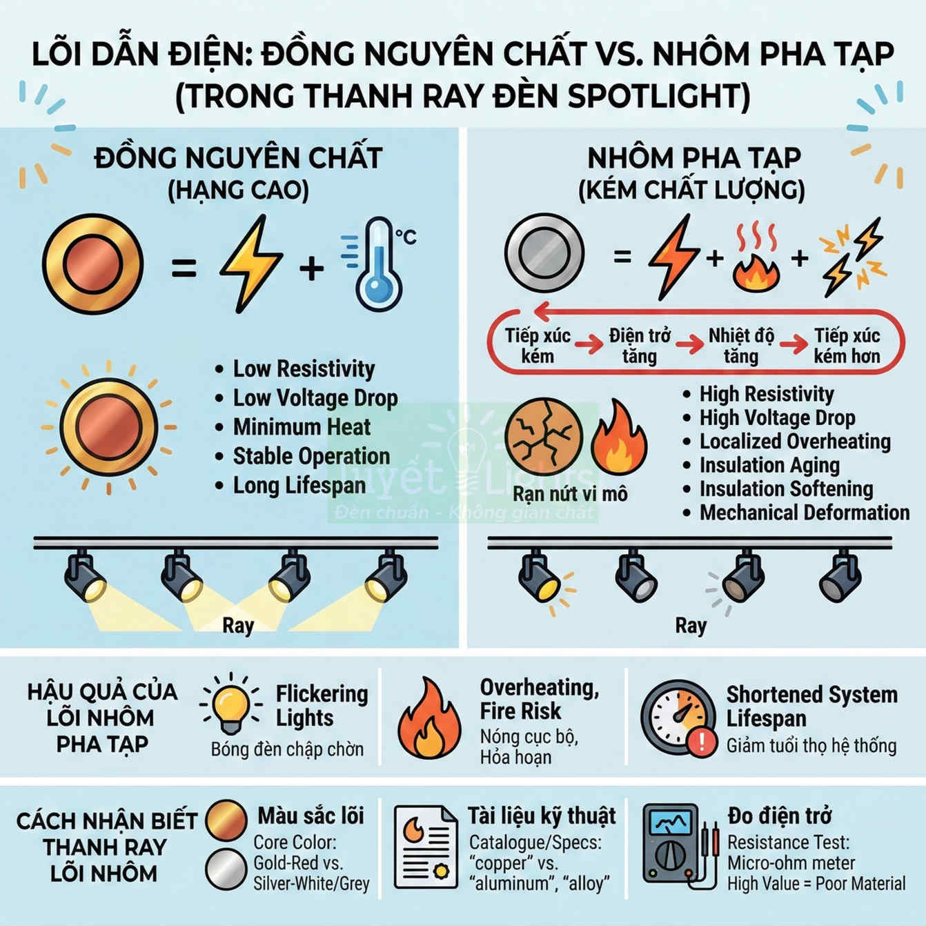 So sánh lõi dẫn điện đồng nguyên chất và nhôm pha tạp trong thanh ray đèn spotlight, ưu nhược điểm và hậu quả sử dụng
