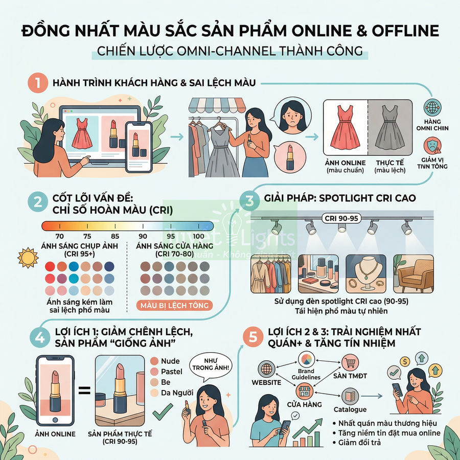 Infographic hướng dẫn đồng nhất màu sắc sản phẩm online và offline bằng đèn spotlight CRI cao