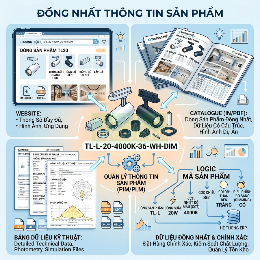 Infographic quy trình quản lý thông tin đèn chiếu sáng TL20 từ website, catalogue đến dữ liệu kỹ thuật và mã sản phẩm