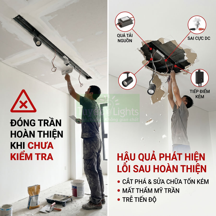 Thi công lắp đặt đèn rọi ray âm trần và cảnh báo hậu quả khi không kiểm tra hệ thống điện trước