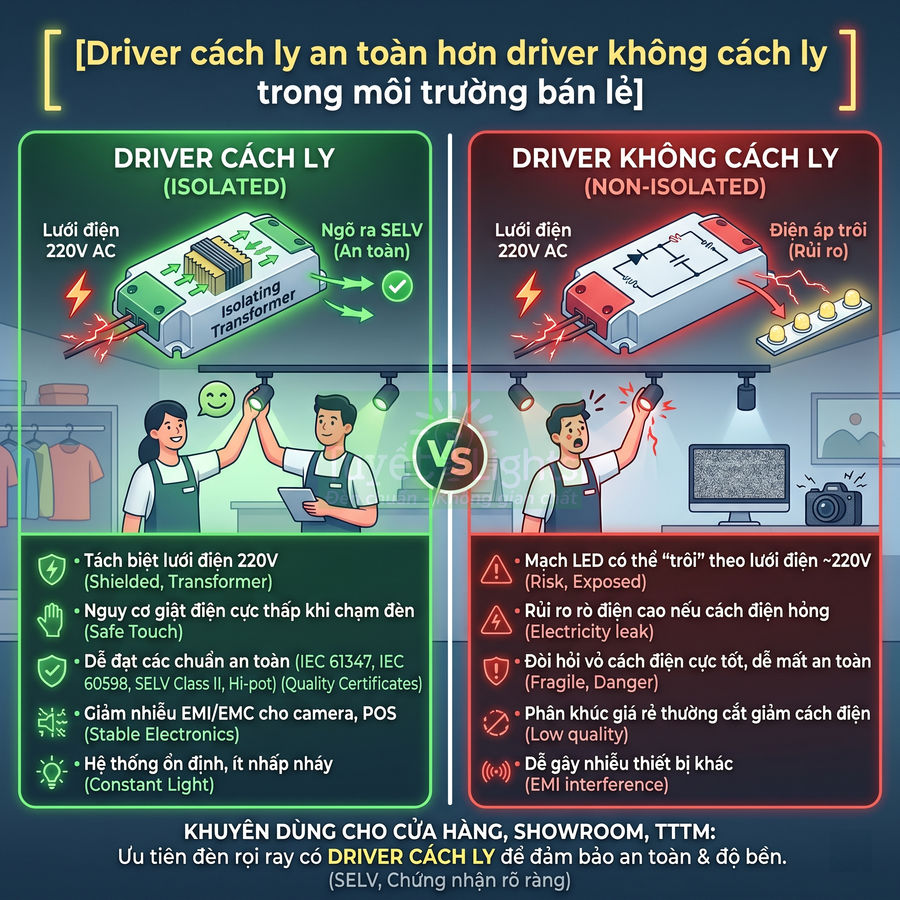 So sánh driver LED cách ly và không cách ly, nhấn mạnh độ an toàn cho cửa hàng và showroom