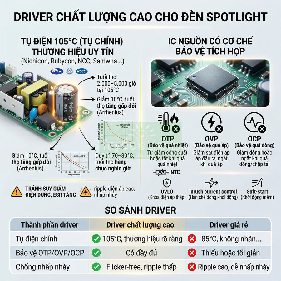Driver chất lượng cao cho đèn spotlight với tụ điện 105 độ C và IC nguồn bảo vệ tích hợp