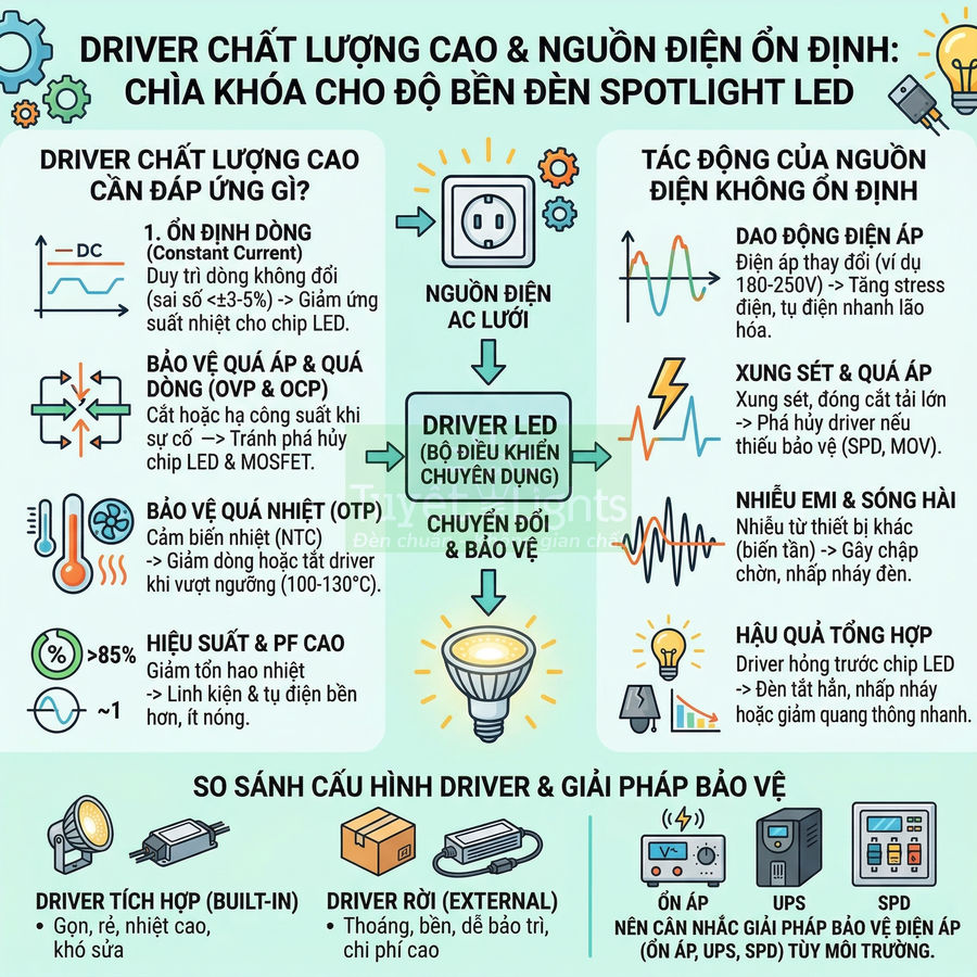 Infographic về driver LED chất lượng cao và nguồn điện ổn định giúp tăng độ bền và hiệu suất cho đèn spotlight LED