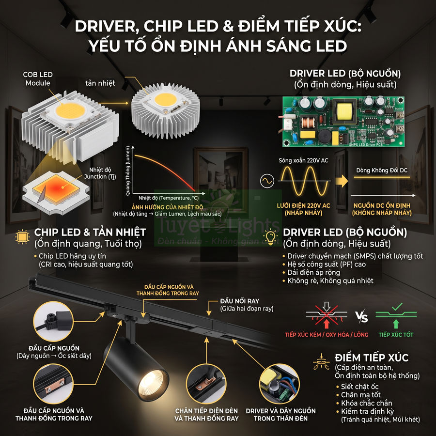 Cấu tạo driver, chip LED, tản nhiệt và điểm tiếp xúc của đèn rọi ray Tuyết Lights trong phòng trưng bày