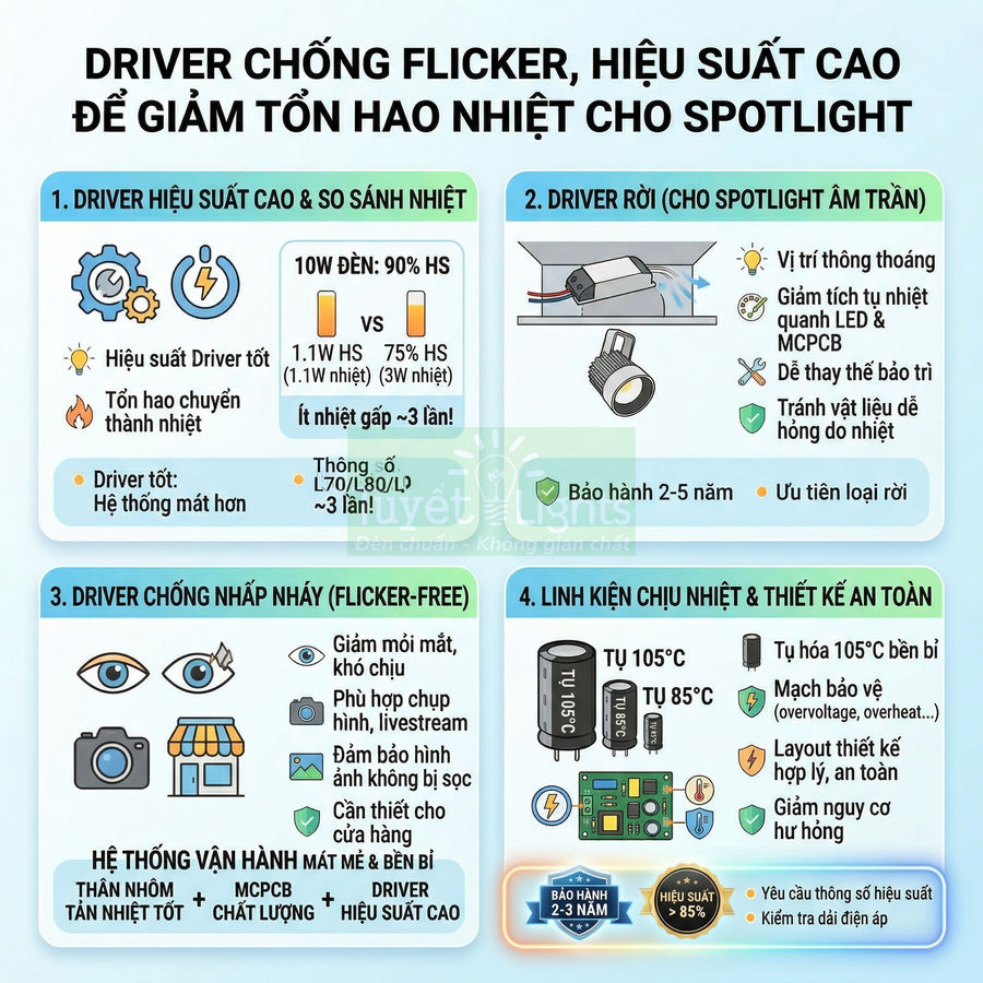 Infographic giới thiệu driver chống flicker hiệu suất cao giảm tỏa nhiệt cho đèn LED spotlight âm trần