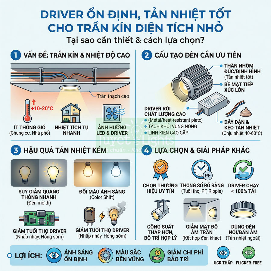 Infographic hướng dẫn chọn driver đèn LED tản nhiệt tốt cho trần kín diện tích nhỏ, nêu cấu tạo, hậu quả và giải pháp