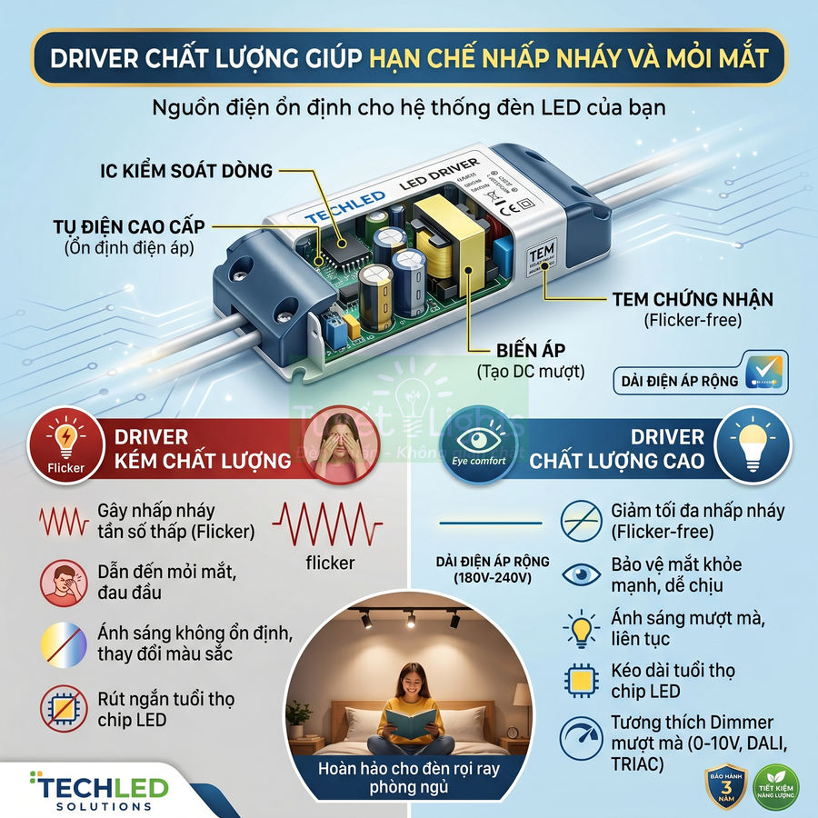 Driver đèn LED TechLED chất lượng cao chống nhấp nháy, bảo vệ mắt, phù hợp cho hệ thống chiếu sáng phòng ngủ