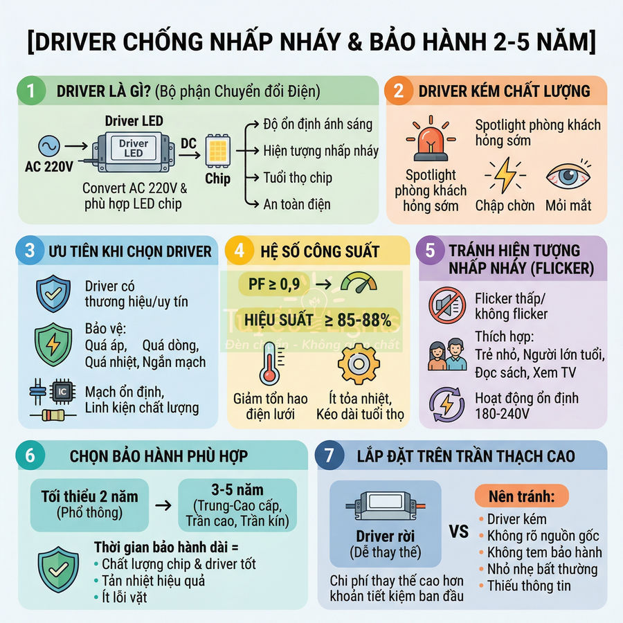 Hướng dẫn chọn driver LED chống nhấp nháy, độ bền cao và bảo hành 2 đến 5 năm cho đèn chiếu sáng