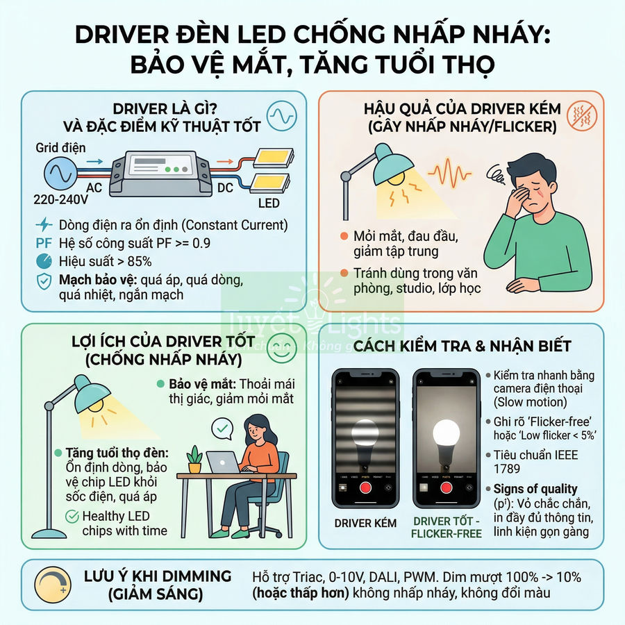 Infographic hướng dẫn chọn driver đèn LED chống nhấp nháy bảo vệ mắt, tăng tuổi thọ bóng đèn
