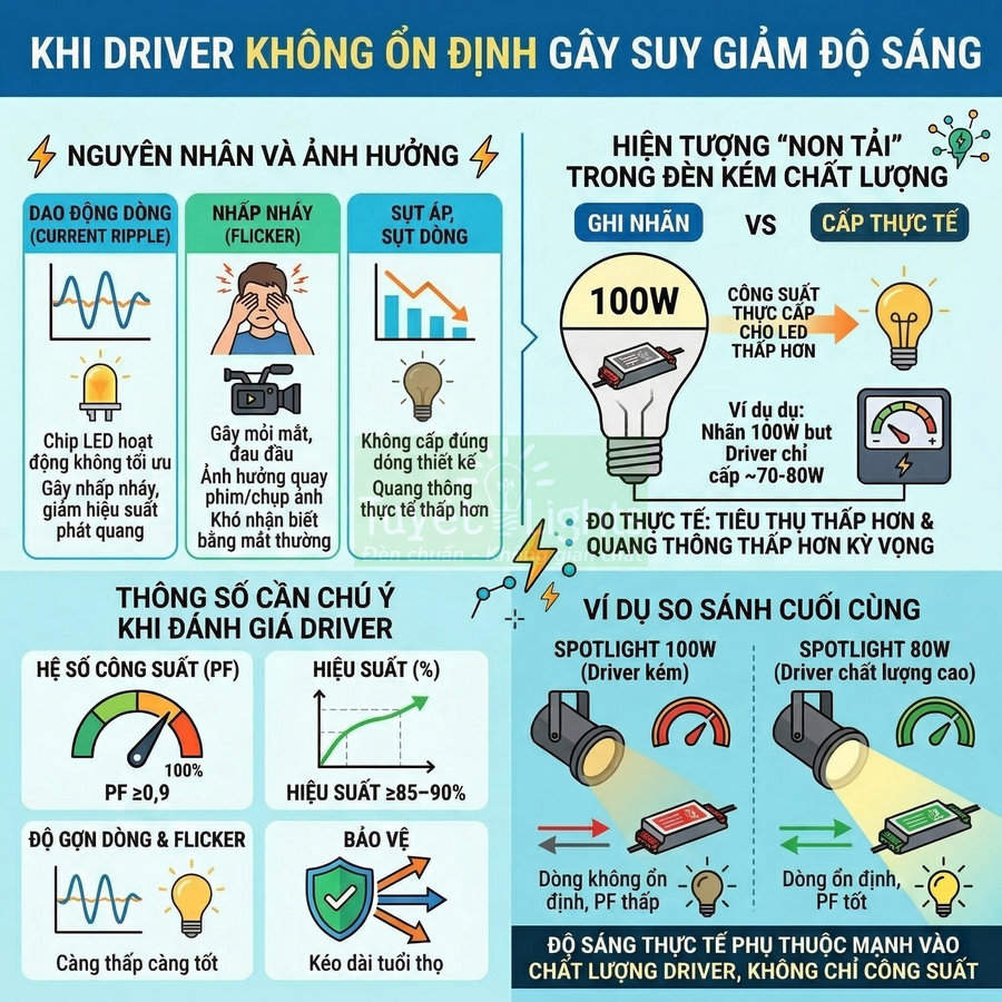 Infographic giải thích ảnh hưởng của driver kém chất lượng đến độ sáng và hiệu suất đèn LED, spotlight 100W và 80W