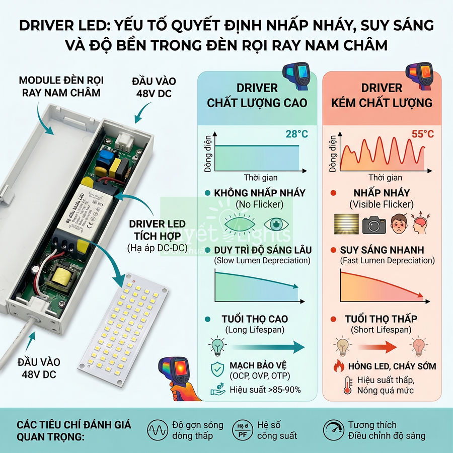 So sánh driver LED chất lượng cao và kém trong đèn rọi ray nam châm, minh họa cấu tạo và tuổi thọ chiếu sáng