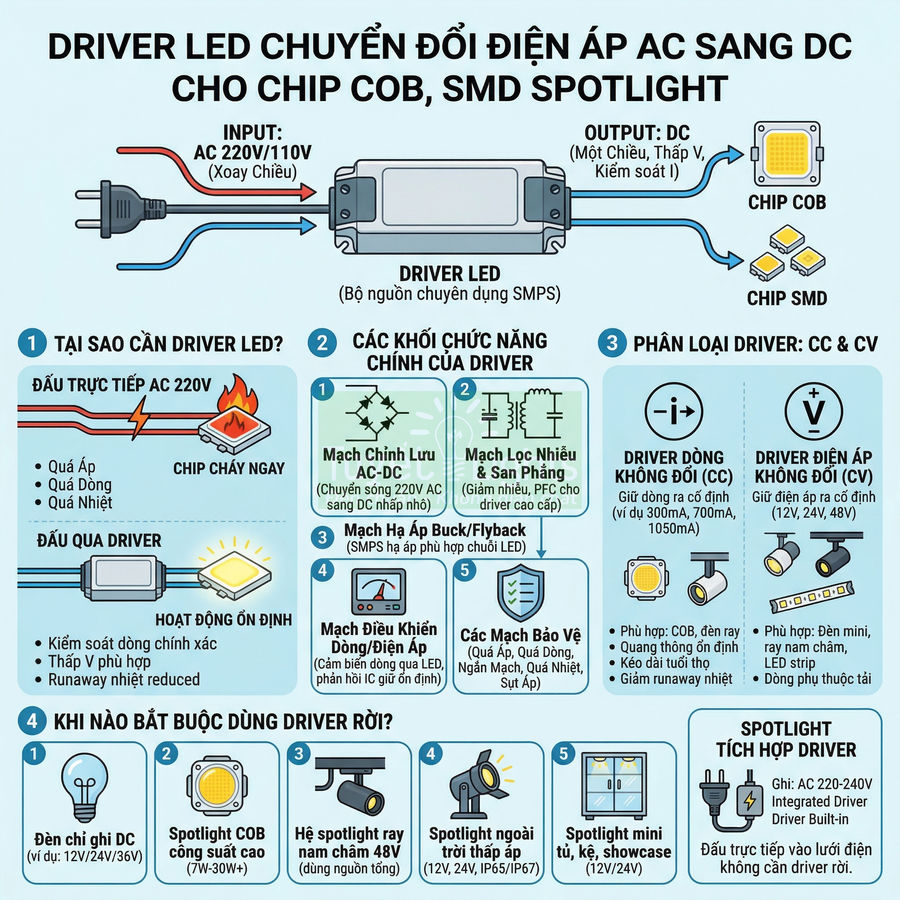 Sơ đồ driver LED chuyển đổi điện áp AC sang DC cho chip COB, SMD spotlight và các ứng dụng đèn LED