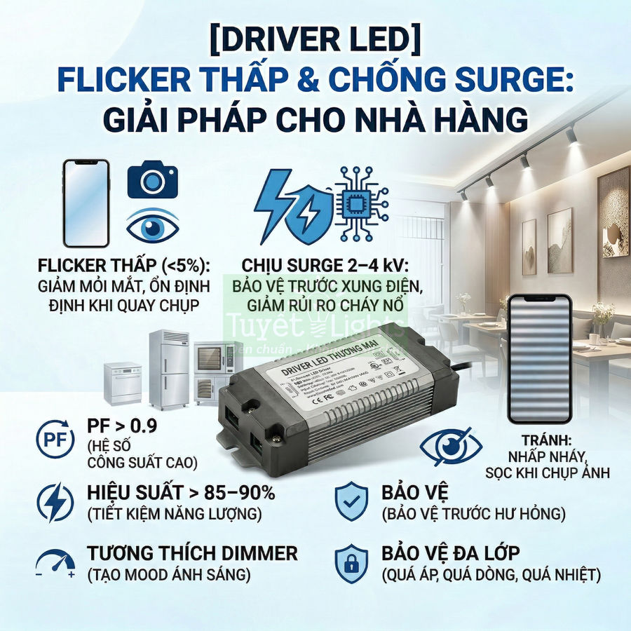 Driver LED chống nhấp nháy và chống surge cho nhà hàng, hiệu suất cao, tương thích dimmer