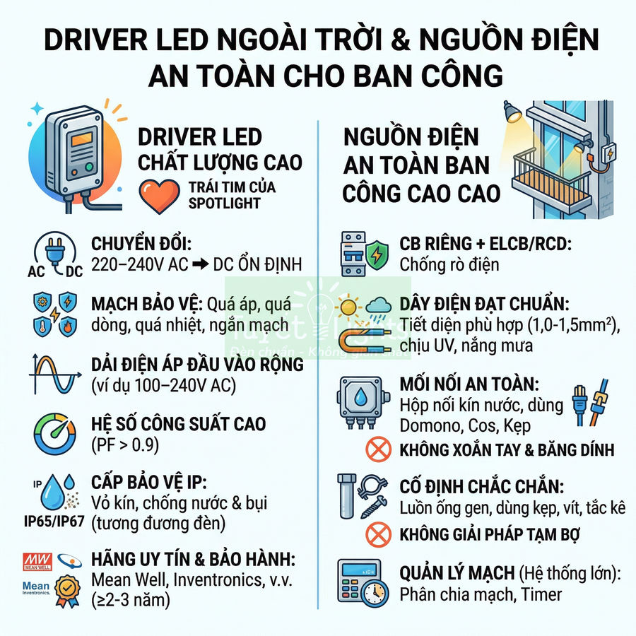 Infographic hướng dẫn chọn driver LED ngoài trời và nguồn điện an toàn cho ban công, nhấn mạnh driver LED chất lượng cao