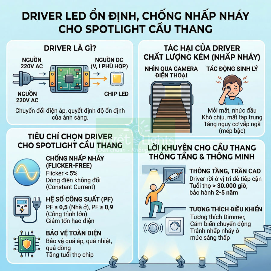 Infographic hướng dẫn chọn driver LED ổn định chống nhấp nháy cho đèn spotlight cầu thang