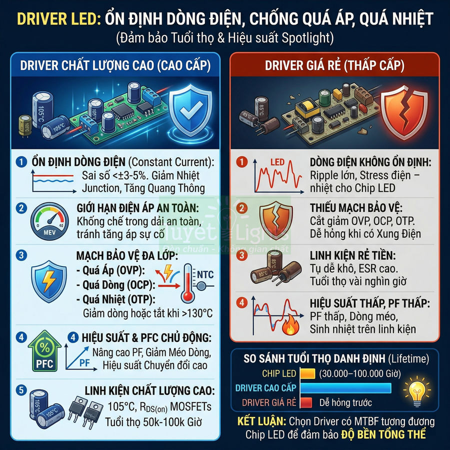 So sánh driver LED cao cấp và driver LED giá rẻ về độ ổn định dòng điện, bảo vệ quá áp và tuổi thọ