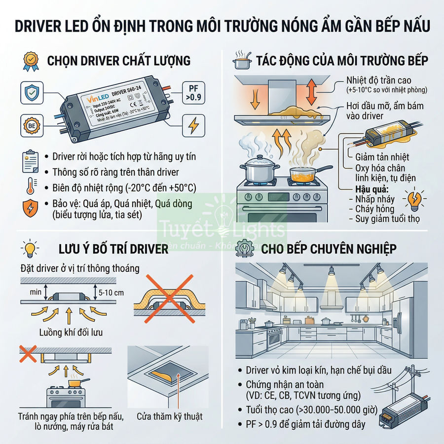 Infographic hướng dẫn chọn và lắp đặt driver đèn LED VinLED ổn định trong môi trường bếp nóng ẩm