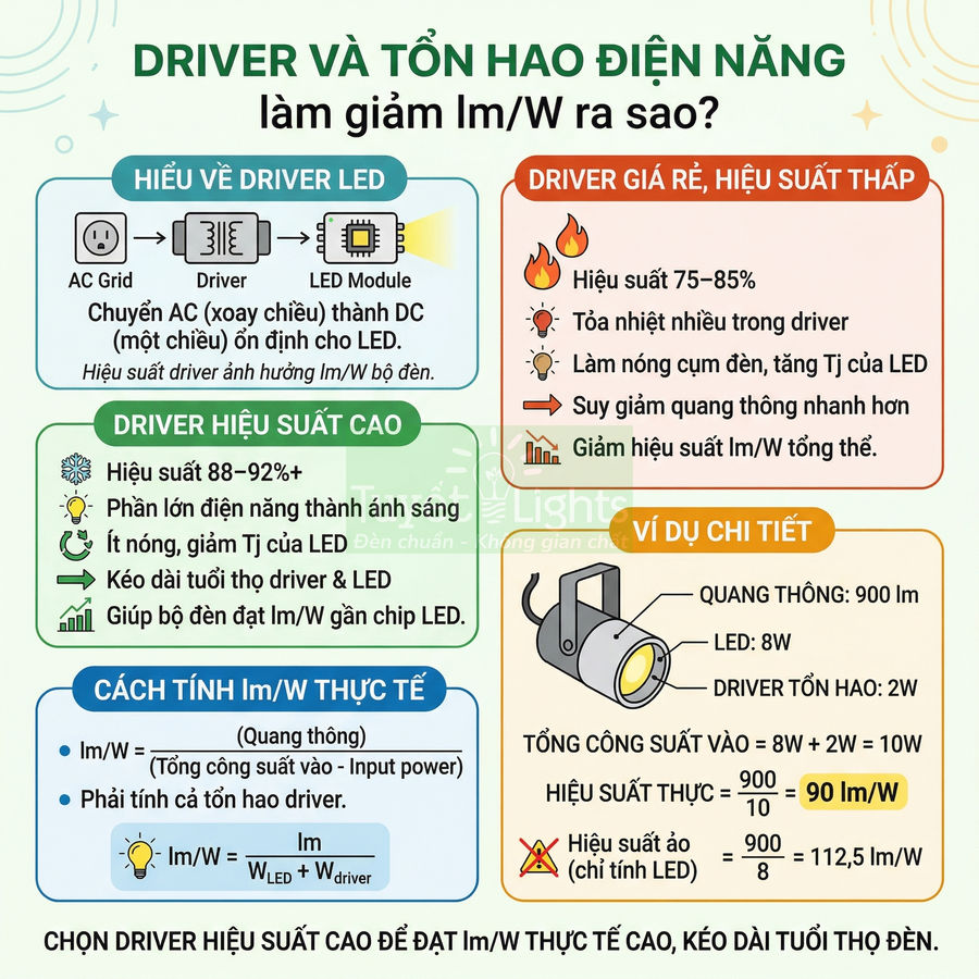 Infographic giải thích driver LED, hiệu suất lm/W và ví dụ đèn LED 8W với driver tổn hao điện năng