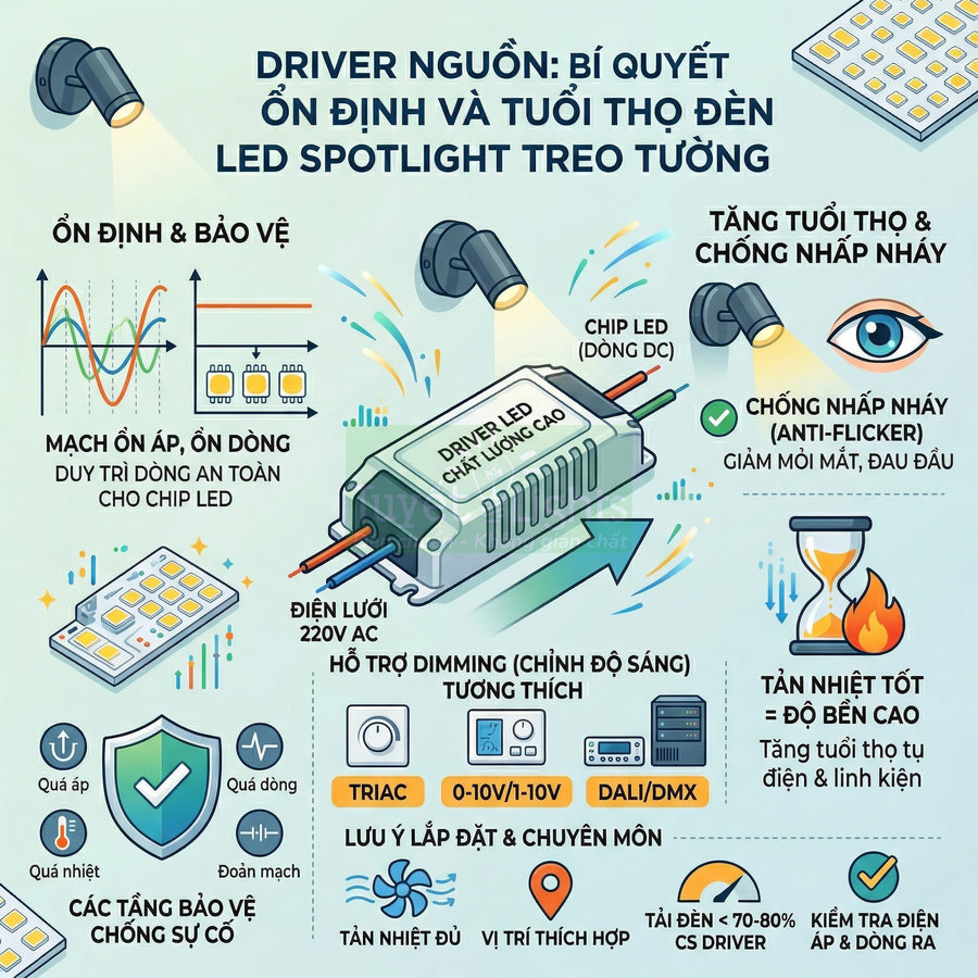 Driver nguồn LED chất lượng cao cho đèn LED spotlight treo tường, chống nhấp nháy, tăng tuổi thọ và bảo vệ chip LED