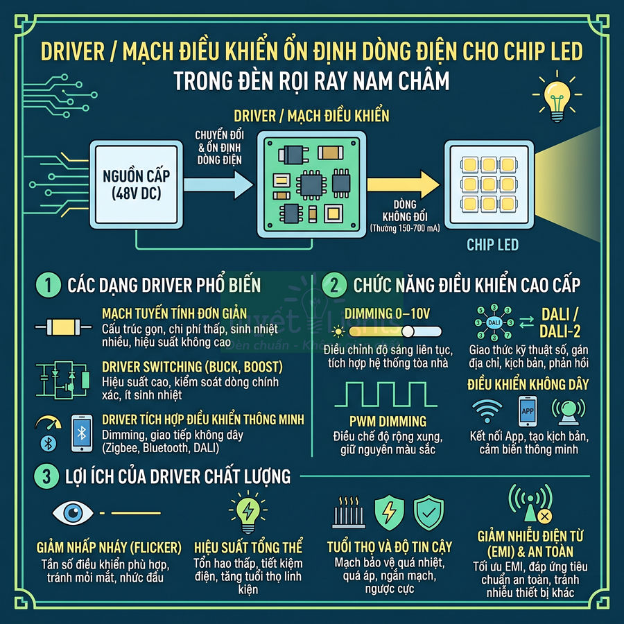 Infographic về driver mạch điều khiển ổn định dòng điện cho chip LED trong đèn rọi ray nam châm