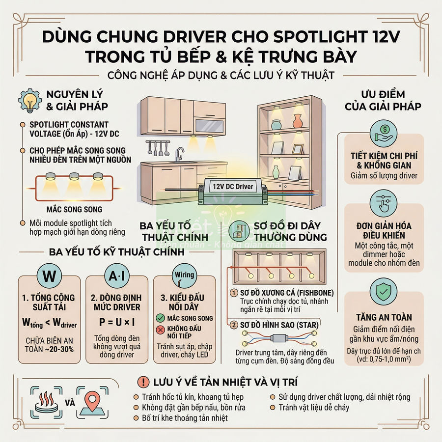 Sơ đồ giải pháp dùng chung driver 12V DC cho đèn spotlight trong tủ bếp và kệ trưng bày