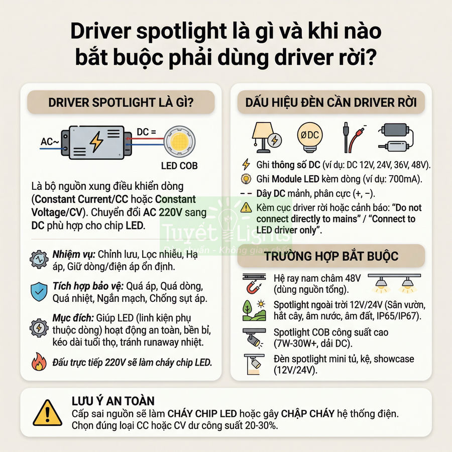 Infographic hướng dẫn driver spotlight là gì, dấu hiệu đèn cần driver rời và các trường hợp bắt buộc dùng driver LED