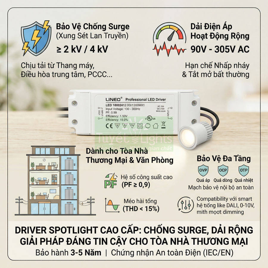 Driver LED LINEQ cho đèn spotlight, bảo vệ chống surge, dải điện áp rộng, dùng cho tòa nhà thương mại và văn phòng