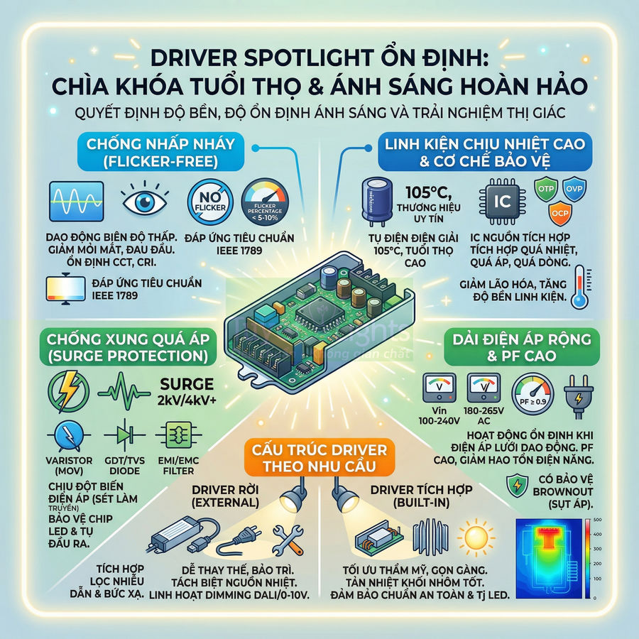 Infographic giới thiệu driver spotlight LED ổn định, chống nhấp nháy, chống quá áp, dải điện áp rộng và cấu trúc driver linh hoạt