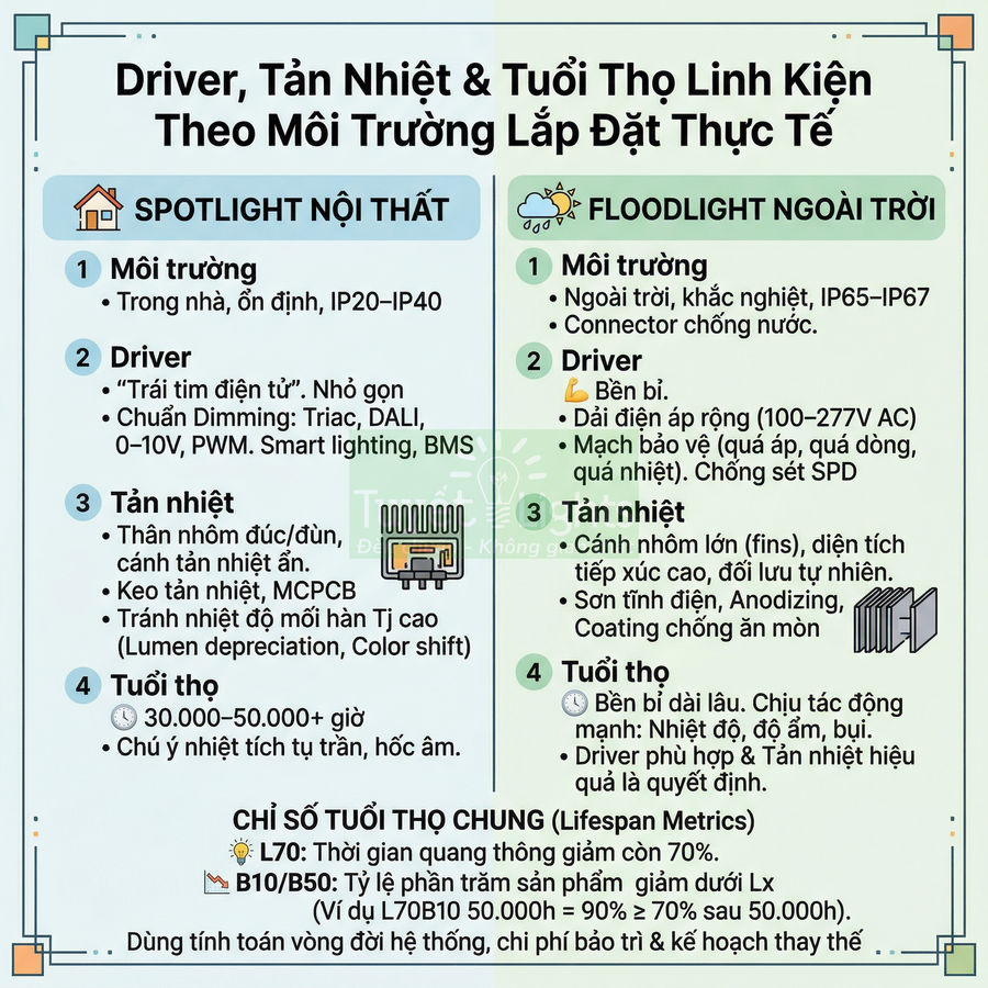 Infographic so sánh driver, tản nhiệt và tuổi thọ linh kiện đèn spotlight nội thất và floodlight ngoài trời