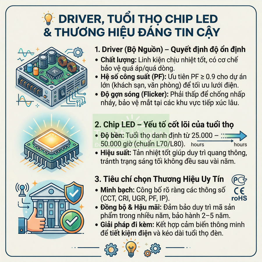 Infographic hướng dẫn chọn driver và chip LED bền, hiệu suất cao và thương hiệu đèn LED uy tín