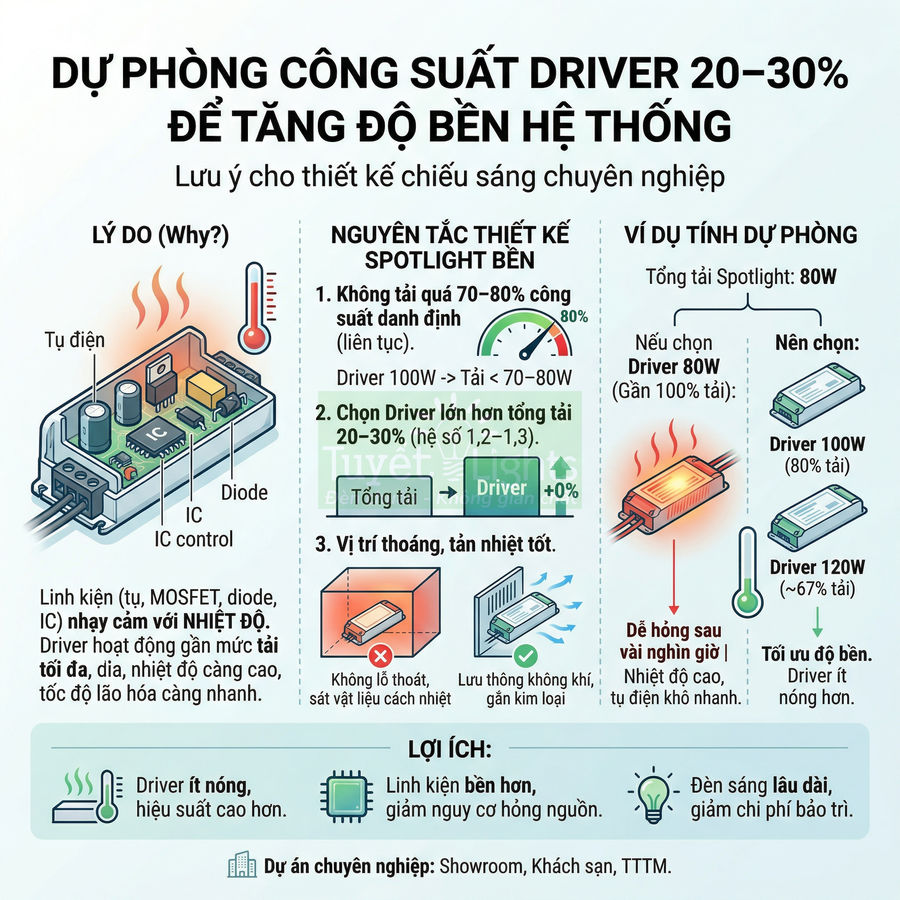 Hướng dẫn dự phòng công suất driver LED 20–30% để tăng độ bền và hiệu suất hệ thống chiếu sáng