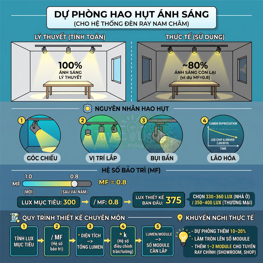 Infographic hướng dẫn dự phòng hao hụt ánh sáng cho hệ thống đèn rọi ray nam châm trong phòng làm việc