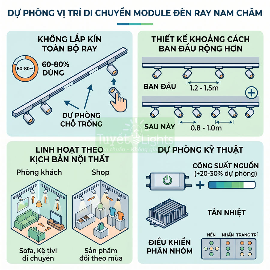 Hướng dẫn bố trí và dự phòng vị trí module đèn ray nam châm linh hoạt cho nội thất phòng khách và shop