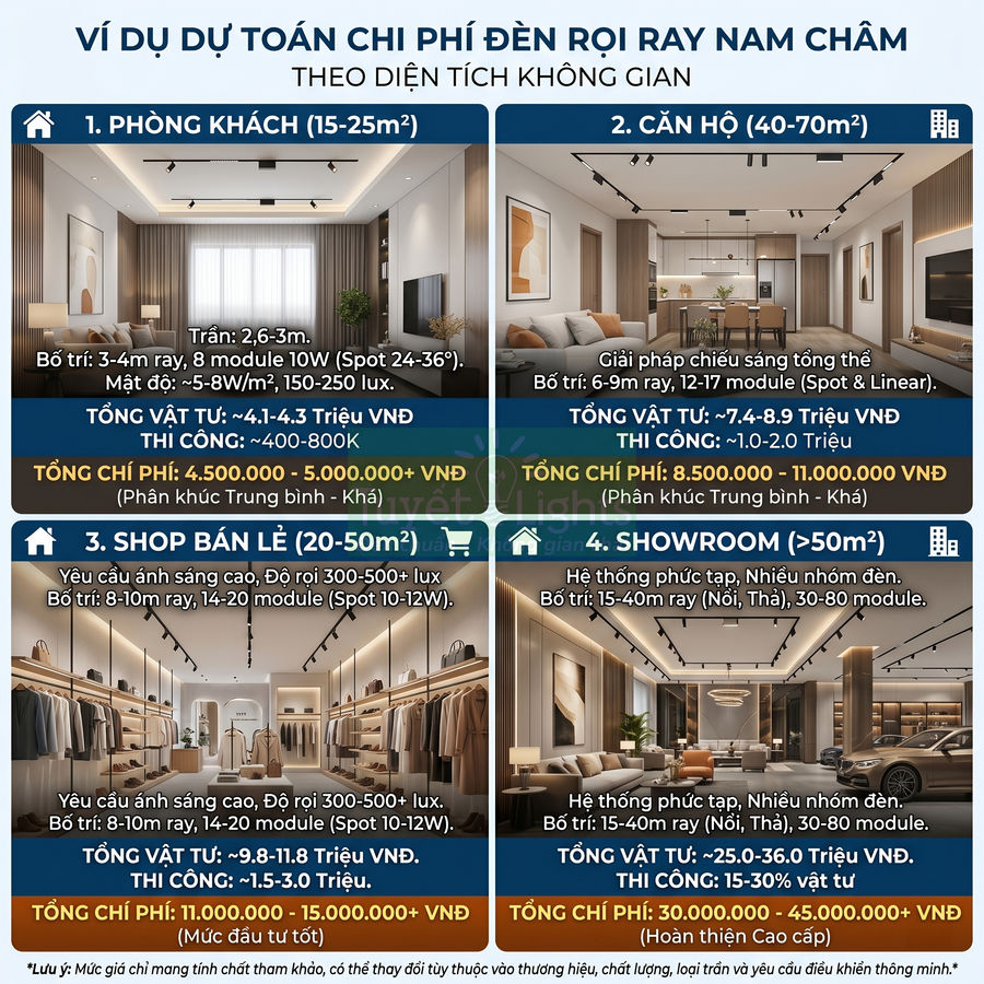 Bảng dự toán chi phí lắp đèn rọi ray nam châm cho phòng khách, căn hộ, shop bán lẻ và showroom