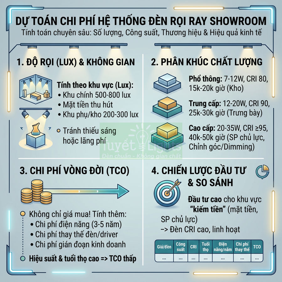 Infographic hướng dẫn tính toán chi phí và lựa chọn hệ thống đèn rọi ray cho showroom