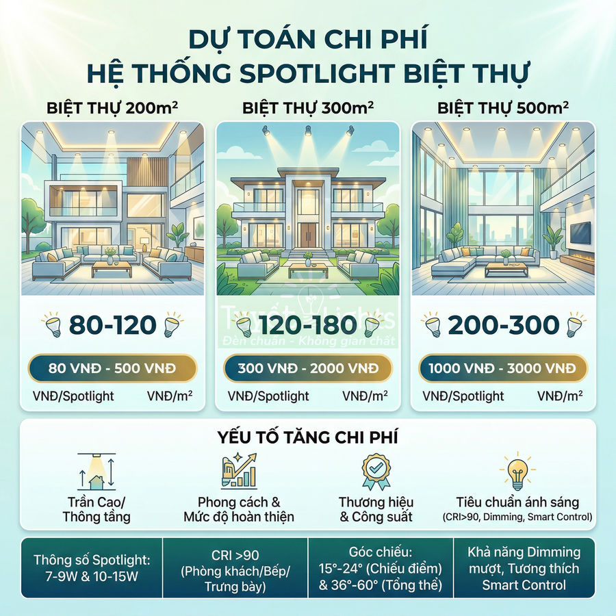 Bảng dự toán chi phí hệ thống đèn spotlight cho biệt thự 200m2 300m2 500m2 và các yếu tố ảnh hưởng