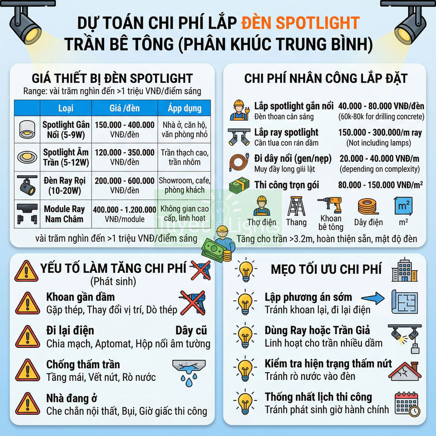 Infographic dự toán chi phí lắp đèn spotlight trần bê tông, giá thiết bị, nhân công và mẹo tối ưu chi phí