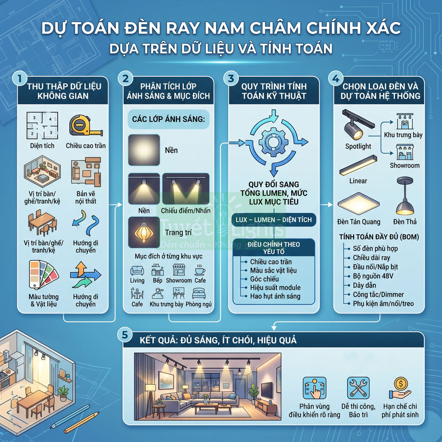 Cách dự toán số lượng đèn rọi ray nam châm trước khi thi công