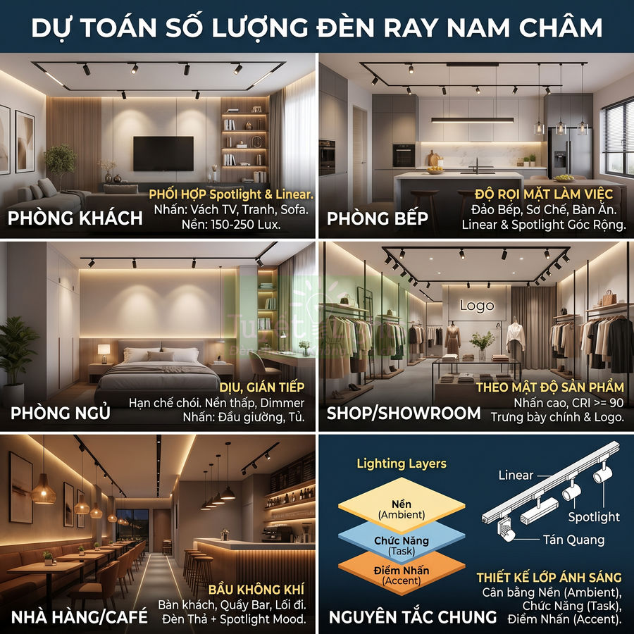 Mẫu thiết kế đèn ray nam châm cho phòng khách, bếp, ngủ, shop thời trang và nhà hàng, minh họa cách bố trí chiếu sáng