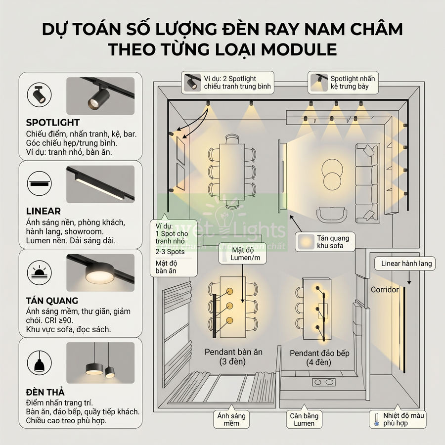 Sơ đồ bố trí đèn ray nam châm spotlight, linear, tán quang và đèn thả cho phòng khách bếp căn hộ