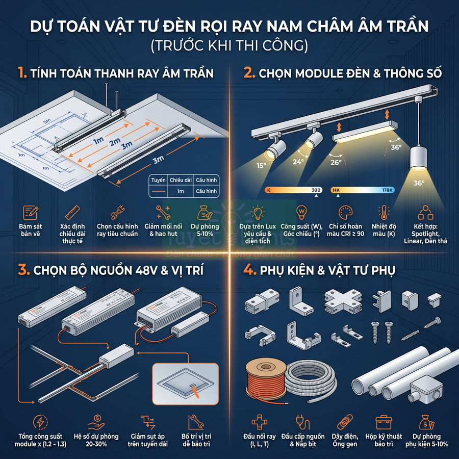 Hướng dẫn tính toán vật tư và lắp đặt đèn rọi ray nam châm âm trần kèm phụ kiện và bộ nguồn