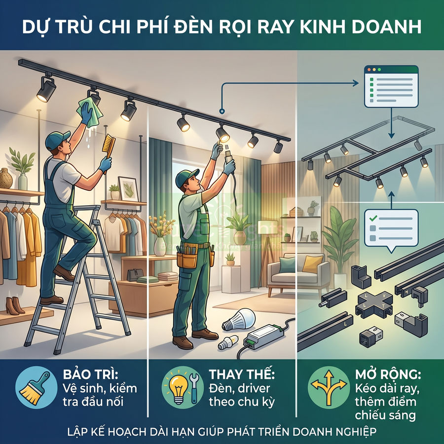 Đèn rọi ray lắp trần cho cửa hàng và phòng khách, kỹ thuật viên bảo trì thay thế và mở rộng hệ thống chiếu sáng