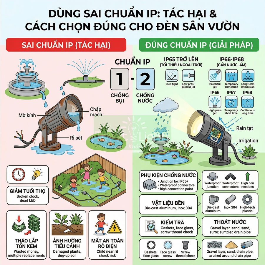Infographic hướng dẫn chọn chuẩn IP65 IP66 IP67 IP68 cho đèn sân vườn chống nước và bụi an toàn