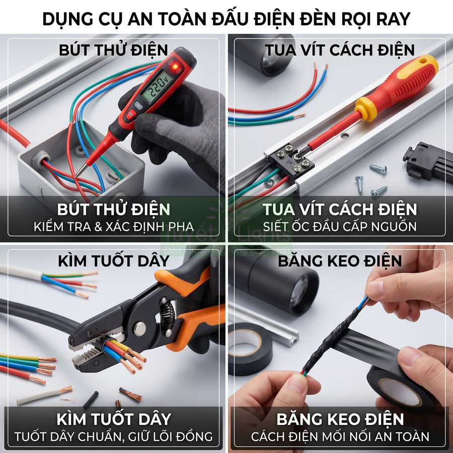 Bộ dụng cụ an toàn đấu điện đèn rọi ray gồm bút thử điện, tua vít cách điện, kìm tuốt dây và băng keo điện